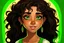 Placeholder: anime girl with dark skin that has long curly black hair and green eyes playing with Peter Pan