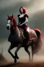 Placeholder: christina hendricks as evil queen in burgundy leather gown on a horse, angry, stern look, volumetric lighting, particales,highly detailed,cinematic, deep colours,8