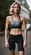 Placeholder: photography of a beautiful anorexic woman, grey satin triathlon top, sports illustrated, blond short wavy bob haircut, pronounced sternum, flat chest, anthracite cycling leggins