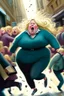 Placeholder: an obese terrified blonde woman crying and sobbing in a pant suit desperately running away from an angry mob of thousands of little kids chase her down a city street while holding books