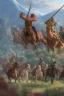 Placeholder: detailed oil painting, renaissance style, of mounted knights galloping across an open field, swords in hand, mountains in distance