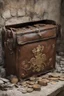 Placeholder: in the BASEMENT there is an old, broken brown oblong leather chest with short handles, from which gold coins from the time of Catherine the Great fall out. The ancient coat of arms of tsarist Russia, the double-headed eagle, is BARELY VISIBLE on the bag. There are a lot of broken bricks and earth around the bag. All in high quality 8K