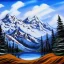 Placeholder: bob ross, painting, faraway mountains, snow-capped peaks, forest-covered hills, valley