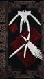 Placeholder: White wings, scissors, red dress on a black luxury carpet. Cinematic photo from above