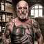 Placeholder: burly ugly 58 year old man bald with short beard and tank top tattoo chooses a bottle of wine in a cellar full of wine bottles dramatic light angry eyes highly detailed