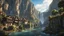 Placeholder: a medieval town at the foot of multiple waterfalls. a steep, narrow, tall cliff ravine. a masterpiece, fantasy concept art, dynamic lighting, hyperdetailed, intricately detailed, deep color, Unreal Engine, volumetric lighting, Epic cinematic brilliant stunning intricate meticulously detailed dramatic atmospheric maximalist digital matte painting