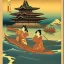 Placeholder: Ukiyo-e styled art, stream, mountain, sun, family on a boat