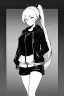 Placeholder: blonde girl with ponytails dressed in a jacket and shorts walk in dark corridor, greyscale