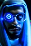Placeholder: An Arab man with a robot head integrated with a luminous blue laser with an eye