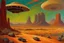 Placeholder: retrofuturism landscape with ufo in the sky, mountains, cars, rocks, henry luyten and ludwig dettman impressionism paintings