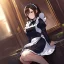 Placeholder: Clear focus, High resolution, girl wearing a maid outfit, medium length dark brown hair, sitting down, angry, wearing a medium skirt