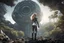 Placeholder: Wide angle photo of a slim sci-fi woman with blond hair, wearing a silver and black futuristic spacesuit looking android-like, standing on a derelict alien cloud tree jungle planet