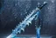 Placeholder: One fantasy greatsword that is slender, translucent blade made of ice. The hilt is made up of swirling vines, leading to a vibrant crystal at the pommel. With a black background behind it. HD