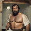 Placeholder: two ugly angry muscular chubby arab 40 years old similar to bud spencer, very detailed, full figure shot, very realistic photography, dim light, view from below, tiled restroom, tattoo, masculine bearded, white substance dripping from beard, with glue stuck to and dripping from beard,, , mature barely burly bearded muscled and robust