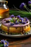 Placeholder: honey cake with blackberry cream and lavender curd, decorated with lavender flowers