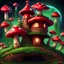 Placeholder: colorful red and green mushroom house on a tall dirt pillar with a grassy top in outer space. stars, grass, mushroom house, dirt pillar. Detailed gloss Painting, rich color, fantastical, intricate detail, splash screen, hyperdetailed, insane depth, concept art, 8k resolution, trending on artstation