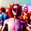 Placeholder: Ultra Realistic photo, medium shot view, drunken dancer naked woman, carnival scene, monster hair, steampunk. Red hair, confeti, Sunglasses, smile, happy, festival, gradient color fog. highly detailed, concept art, unreal engine 5, ray tracing, RTX, lumen lighting, ultra detail, volumetric lighting, 3d, finely drawn, high definition, high resolution.