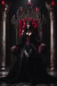 Placeholder: Realistic Photography Horror Art of The majestic Dark Beautiful Devil Queen,red eyes bright,dressing black gown sits on his throne, in darkness palace background