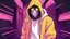 Placeholder: Yellow pink bright colors and black. French animation arcane style. A guy in a white glowing hoody with no face covered by the hood looking straight at the camera