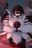 Placeholder: The character, in a striking white armour against a wintry backdrop stands with his arms behind his back inside the scene, he has a red and black circular symbol on his chest like a shield, a black pointed spear with a red handle on his back, His eyes are showing a dynamic expression and he wears a black oni with white sharp teeth on it covering the bottom part of his mouth he has brown shoulder pads and a white belt with a bag attached to it. He has dark brown hair, he does not wear a helmet.