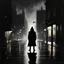 Placeholder: Pointillism noir painting, uncentered, Single streetlight casting a triangular cone of light on deserted rainy city street, single mysterious hooded figure silhouette, "Sin City" movie aesthetic, dark Noir, reminiscent of Frank Miller comix, arty composition, opulent shadows