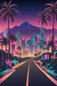 Placeholder: miami vice city outline with road leading to city, mountains behind the city with night life, palm trees on the road