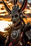 Placeholder: Striking portrait of Nantli warrior as anthropomorphic puma, adorned with intricately designed traditional armor and headdress. His face, painted with black and white patterns, radiates a fierce and determined expression. A red sun adorns his headdress, symbolizing strength and power. The background, a vast, golden desert landscape, with a sun setting behind some rocky outcrops. 8k