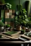 Placeholder: moodboard mit pflanzen, holz, alu und grüne farbe
