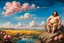 Placeholder: a handsome, fat man with a well-groomed, bearded face and long, curly hair. He is sitting naked on a rock, surrounded by a picturesque valley adorned with pink and yellow rose flowers. The spring sky above is adorned with breathtakingly beautiful clouds. like oil painting 19th century