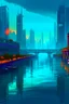 Placeholder: a large river in a modern city world, large buildings, cyberpunk style