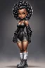 Placeholder: create an airbrush illustration of a chibi cartoon voluptuous black female wearing a black and silver outfit with timberland boots. Prominent make up with hazel eyes. Extremely highly detailed of a long wavy ombre bantu knots. Background of a bike show