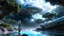 Placeholder: futuristic floating island suspended in the air, cities, fantasy, A woman with blond hair in a robotic silver catsuit, standing on the right of a partially submerged sleek crashed spaceship, on an alien beach, with towering alien trees, high details