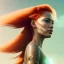 Placeholder: A beautiful portrait of a cyberpunk woman with lot's of grain on her skin red head with hair flying in the wind cyborg smiling facing camera orange color scheme, high key lighting, volumetric light high details with white stripes and feathers unreal 5, octane render, cinema4d, dynamic lighting, dramatic lighting, 4k, redshift render, highly detailed, hyper realistic