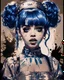 Placeholder: Poster in two gradually, a one side the Singer Melanie Martinez face, full body, painting by Yoji Shinkawa, darkblue and sepia tones,sinister, detailed iridescent, metallic, translucent, dramatic lighting, hyper futuristic, digital art, shot with Sony Alpha a9 Il and Sony FE 200-600mm f/5.6-6.3 G OSS lens, natural light, hyper realistic photograph, ultra detailed -ar 3:2 -q 2 -s 750,malevolent goth vampire girl face and other side