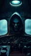 Placeholder: inside a dark submarine , paint it in the baroque style, as if the man is horrified, with complicated dashboards with many gears . A dark hooded face on the window