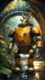 Placeholder: magazine cover, metallic yellow orange donkey turtle robot chivalry knight with friendly cute face and hair locks in dark lit reflective wet jungle metallic hall dome hotel tunnel, in the style of fallout 4 game,bokeh like f/0.8, tilt-shift lens 8k, high detail, smooth render, down-light, unreal engine, prize winning