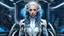 Placeholder: stands An android-mutant woman with long white-blue swirlings hair, a biomechanical mutant with sky-blue eyes, white shiny robot body with some blue led, she name the AI-Medusa. The woman with like snakes of hair, the wirling with blue-white hair, she stands in the futuristic office, stunning, mystic and sci-fi mix creature, high detalied, sharp focus, perfect beauty, professional photo