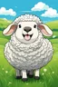 Placeholder: create an image with 4 sheep with the typography, happy face "sheep of faith", 2d, cartoon style, chibbi, kawai, a green field and blue sky in the background