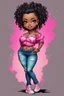 Placeholder: create a colorful abstract comic book art image 8k of a chibi curvy black female wearing torn jeans pants with fringe on the side and a pink-tie dye off the shoulder blouse. Prominent make up with hazel eyes. Highly detailed lonG CURLY PONYTAIL