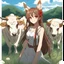 Placeholder: A young woman with long brown hair, red eyes, corgi ears, corgi tail, in a field with cows, intricate details, high definition, anime style