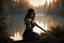 Placeholder: Warrior girl with black tears running down her cheeks, crouching down low at edge of thick forest looking at lake, at dawn, observing, determined, with short sword, photo real