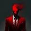 Placeholder: a sinister figure wearing a red suit with a red tie with no face and dirty hair