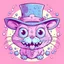 Placeholder: Pink and light purple pastel dream Monster, Mouse with teeth all over body, top hat and a monocle, 3 eyes and a split tongue, horror cute cartoon,