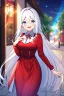 Placeholder: girl, masterpiece, best quality, cinematic lighting, detailed outfit, vibrant colors, perfect eyes, white hair, very long hair, blue eyes, valentine gift, sidewalk, under tree, laughing, sparkle, depth of field, indoors, god rays, glowing light, ray tracing, red dress,