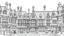 Placeholder: A highly detailed front elevation line drawing of a row of fantasy houses of different heights with tall chimneys, rooms and floors added to sides and roofs, like Harry Potter's Diagon Alley, inspired by Moebius
