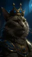 Placeholder: Upscale orkand almost leads to the extinction of cat musk king with crown, in an accurate revenge scheme,Dramatic, dark and moody, inspired style, with intricate details and a sense of mystery Blue background, 16k, dramatic lighting, matte painting, highly detailed, cgsociety, hyperrealistic, --no dof, --ar 2:1