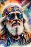 Placeholder: The old hippie, double exposure old hippie's face formed by a band on stage playing a concert, watercolor.