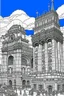 Placeholder: various architectural landmarks and cityscapes, coloring book page, simple and clean line art, adult drawing book, low details, black and white, crisp black lines, no shades, sharp lines, coloring book for adults, cartoon style, landscape