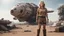 Placeholder: A 60-year-old woman with blond hair, a brown shirt, shorts, and boots, holding an armful of complex equipment, standing in front of a grounded cargo spaceship, with a ruined city in the background.