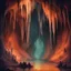 Placeholder: A eerie cave full of stalagmites dripping with vivid rusty water, in mesotint art style